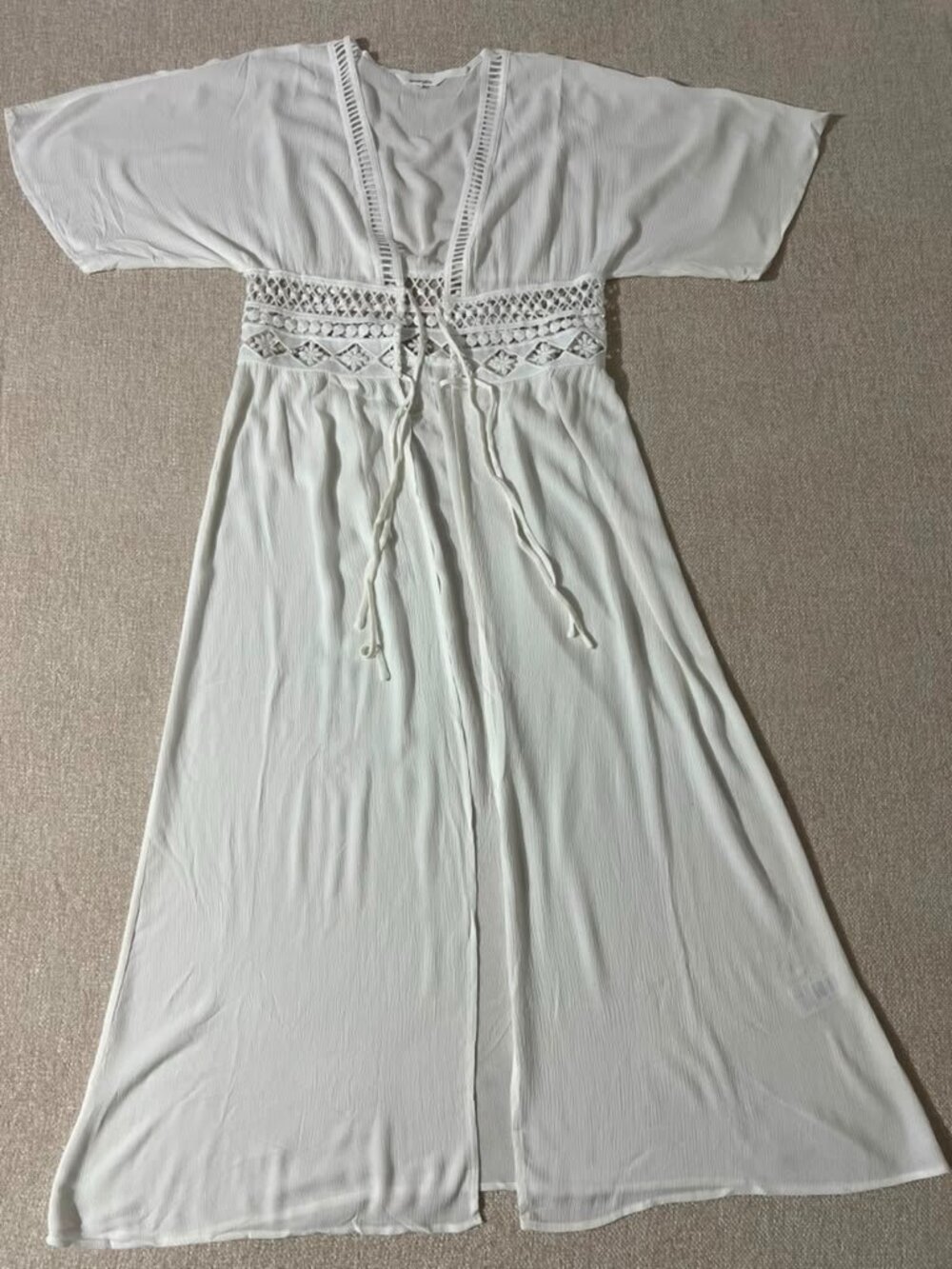 White Lace-Up Boho Swimsuit Cover-Up Maxi Kimono - Picture 2 of 7